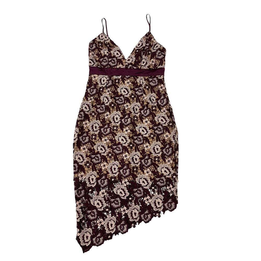 Bardot Dalia Asymmetrical Lace Midi Dress - Burgundy Floral - US 6/Small